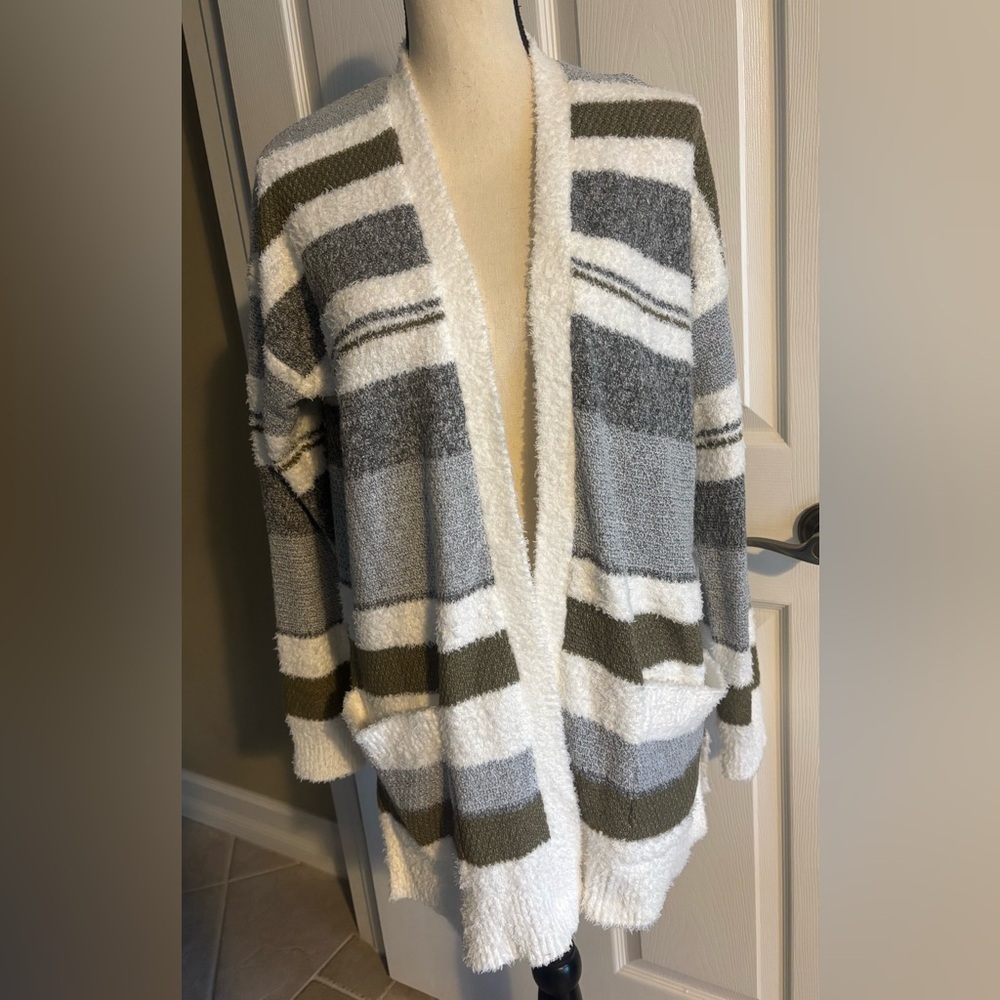 Pink Clover Striped Cozy Cardigan Sweater - Gray, White, and Olive Sz S NWT